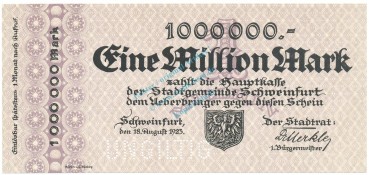 Schweinfurt , Banknote 1 Millionen Mark -MUSTER- unc-kfr. Keller 5092... Bayern 1923 Inflation