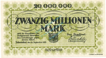 Schweinfurt , Banknote 20 Millionen Mark -MUSTER- unc-kfr. Keller 5092... Bayern 1923 Inflation