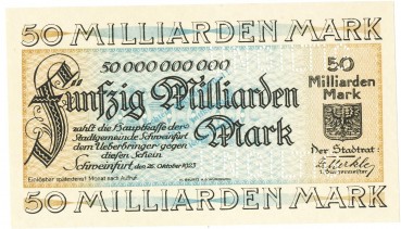 Schweinfurt , Banknote 50 Milliarden Mark -MUSTER- unc-kfr. Keller 5092... Bayern 1923 Inflation