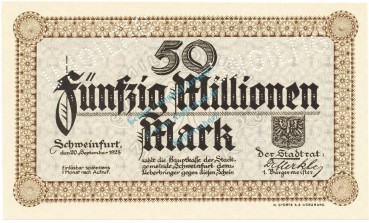 Schweinfurt , Banknote 50 Millionen Mark -MUSTER- unc-kfr. Keller 5092... Bayern 1923 Inflation