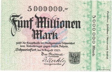 Schweinfurt , Banknote 5 Millionen Mark -MUSTER- unc-kfr. Keller 5092... Bayern 1923 Inflation
