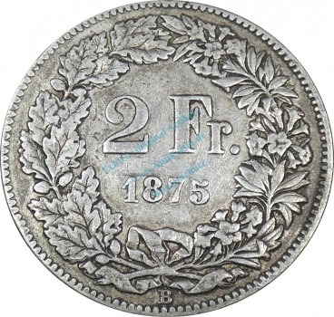 Schweiz , 2 Franken Münze 1875 B -stehende Helvetia- KM.49 ss. -0248-