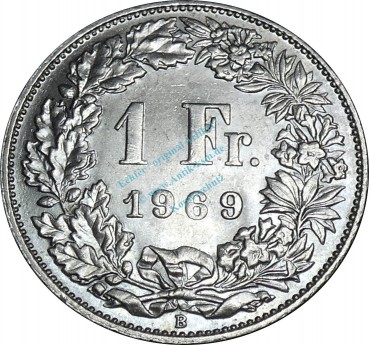 Schweiz , Kursmünze 1 Franken 1969 B -Helvetia mit Schild- KM.24.a vz -0230-
