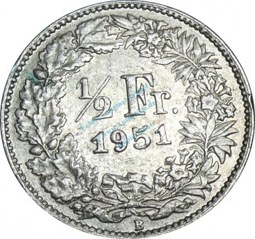 Schweiz , Kursmünze 1 halber Franken 1951 B -Helvetia mit Schild- KM.23 ss-vz -0228-