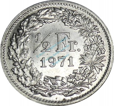 Schweiz , Kursmünze 1 halber Franken 1971 -Helvetia mit Schild- KM.23.a ss-vz -0232-