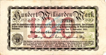 Schwerin , Banknote 100 Milliarden Mark Schein gbr. Keller 3491.i , Mecklenburg 1923 Inflation