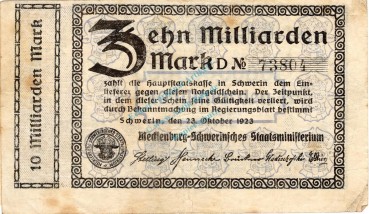 Schwerin , Banknote 10 Milliarden Mark Schein gbr. Keller 3491.f , Mecklenburg 1923 Inflation