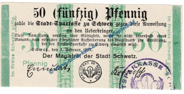 Schwetz , Notgeld 50 Pfennig Schein in kfr. Tieste 6800.05.20 , Verkehrsausgabe 1917 Westpreussen