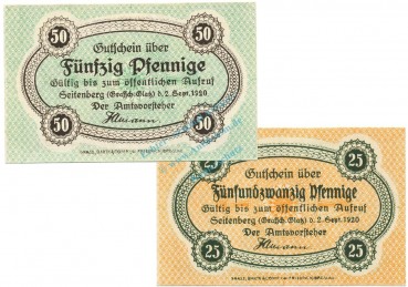Preview: Seitenberg , Notgeld Set 2 Scheine unc-kfr. Ti.6850.05.05-06 SLN 1920 Verkehrsausgabe -4265-