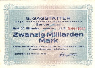 Senden , Banknote 20 Milliarden Mark Schein gbr. Keller 4770 , Bayern 1923 Inflation