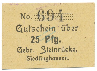 Siedlinghausen , Notgeld 25 Pfennig Schein unc-kfr. Tieste 6880.25.15 , Westfalen o.D. Verkehrsausgabe