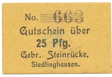 Siedlinghausen , Notgeld 25 Pfennig Schein unc-kfr. Tieste 6880.25.20 , Westfalen o.D. Verkehrsausgabe