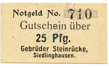 Siedlinghausen , Notgeld 25 Pfennig Schein unc-kfr. Tieste 6880.25.40 , Westfalen o.D. Verkehrsausgabe