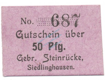 Siedlinghausen , Notgeld 50 Pfennig Schein unc-kfr. Tieste 6880.25.21 , Westfalen o.D. Verkehrsausgabe