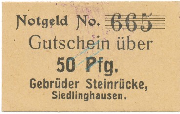 Siedlinghausen , Notgeld 50 Pfennig Schein unc-kfr. Tieste 6880.25.41 , Westfalen o.D. Verkehrsausgabe