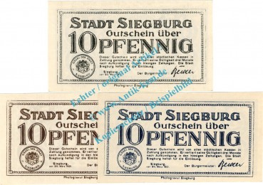 Siegburg , Notgeld Set mit 3 Scheinen in kfr. M-G 1225.1 , Westfalen 1921 Seriennotgeld
