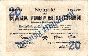 Siegen , Banknote 20 Milliarden Mark Schein gbr. Keller 4778.f , Westfalen 1923 Inflation