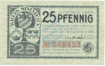 Simmern , Notgeld 25 Pfennig Schein unc-kfr. Ti.6925.05.10 RHL 1919 Verkehrsausgabe -4314-