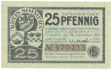 Simmern , Notgeld 25 Pfennig Schein unc-kfr. Ti.6925.05.15 RHL 1919 Verkehrsausgabe -4315-