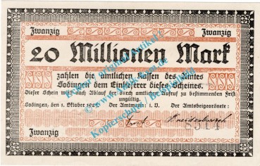 Sodingen , Notgeld 20 Millionen Mark Schein in kfr. Topp 814.7 , Westfalen 1923 Inflation