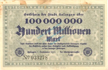 Solingen , Banknote 100 Millionen Mark Schein in gbr. Keller 4809.g , Rheinland 1923 Inflation