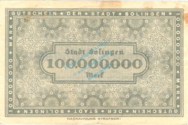 Preview: Solingen , Banknote 100 Millionen Mark Schein in gbr. Keller 4809.g , Rheinland 1923 Inflation