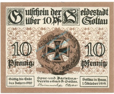 Soltau , Notgeld 10 Pfennig Schein unc-kfr. Ti.6965.05.20 NDS 1919 Verkehrsausgabe -4288-