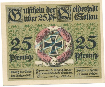 Soltau , Notgeld 25 Pfennig Schein unc-kfr. Ti.6965.05.30 NDS 1920 Verkehrsausgabe -4290-