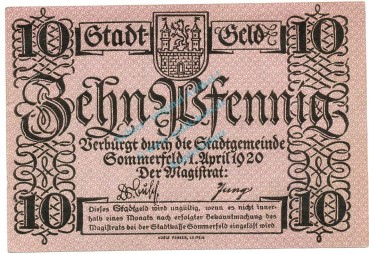 Sommerfeld , Notgeld 10 Pfennig Schein unc-kfr. Ti.6970.05.20 BBG 1920 Verkehrsausgabe -4274-