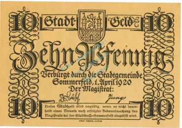 Sommerfeld , Notgeld 10 Pfennig Schein unc-kfr. Tieste 6970.05.25 , BBG 1920 Verkehrsausgabe -4144-