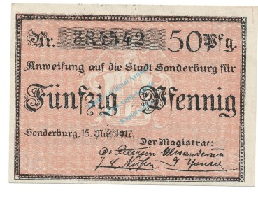 Sonderburg , Notgeld 50 Pfennig Schein unc-kfr. Ti.6975.10.11 DNS 1917 Verkehrsausgabe -4283-