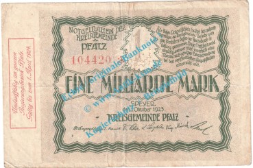 Speyer , Notgeld 1 Milliarde Mark Schein in gbr. Keller 4286.d , Pfalz 1923 Grossnotgeld Inflation
