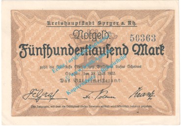 Speyer , Notgeld 500.000 Mark Schein in kfr. Keller 4834.c , Pfalz 1923 Grossnotgeld Inflation