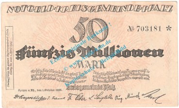 Speyer , Notgeld 50 Millionen Mark Schein in L-gbr. Keller 4286.c , Pfalz 1923 Grossnotgeld Inflation