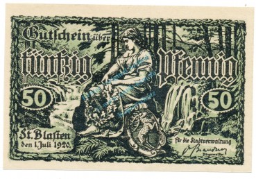 St. Blasien , Notgeld 50 Pfennig Schein unc-kfr. Ti.6405.05.01 BAD 1920 Verkehrsausgabe -0444-