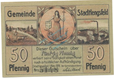 Stadtlengsfeld , Notgeld 50 Pfennig Schein unc-kfr. Ti.7055.05.51-56 TH 1919 Verkehrsausgabe -4276-