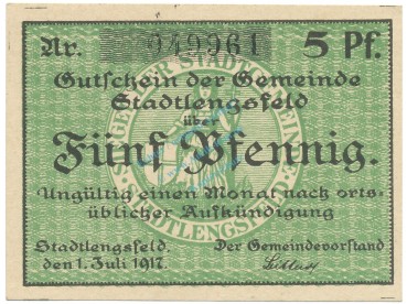 Stadtlengsfeld , Notgeld 5 Pfennig Schein unc-kfr. Ti.7055.05.10 TH 1917 Verkehrsausgabe -4281-