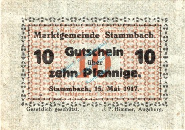 Stammbach , Notgeld 10 Pfennig Schein unc-kfr. Ti.7070.05.20 Bayern 1917 Verkehrsausgabe