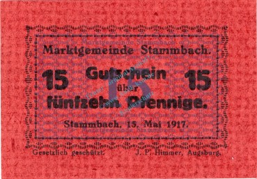 Stammbach , Notgeld 15 Pfennig Schein unc-kfr. Ti.7070.05.11 Bayern o.D. Verkehrsausgabe