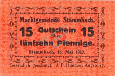 Stammbach , Notgeld 15 Pfennig Schein unc-kfr. Ti.7070.05.42 Bayern o.D. Verkehrsausgabe