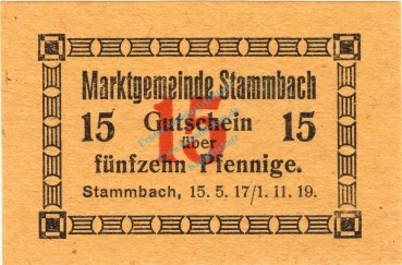 Stammbach , Notgeld 15 Pfennig Schein unc-kfr. Ti.7070.05.72 , Bayern 1917 Verkehrsausgabe