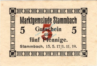 Stammbach , Notgeld 5 Pfennig Schein unc-kfr. Ti.7070.05.70 Bayern o.D. Verkehrsausgabe