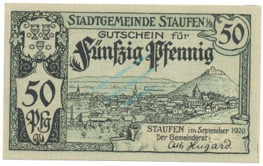 Staufen , Notgeld 50 Pfennig Schein unc-kfr. Ti.7095.05.05 BAD 1920 Verkehrsausgabe -4305-