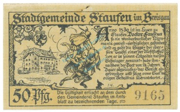 Preview: Staufen , Notgeld 50 Pfennig Schein unc-kfr. Ti.7095.05.05 BAD 1920 Verkehrsausgabe -4305-