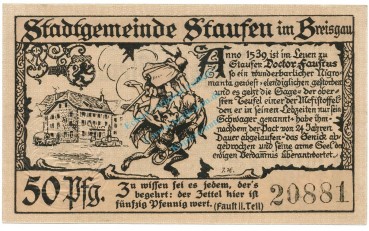 Preview: Staufen , Notgeld 50 Pfennig Schein unc-kfr. Ti.7095.05.10 BAD 1920 Verkehrsausgabe -4306-