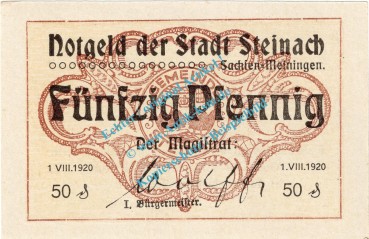 Steinach , Notgeld 50 Pfennig Schein in kfr. Tieste 7110.05.10 , Thüringen 1920 Verkehrsausgabe