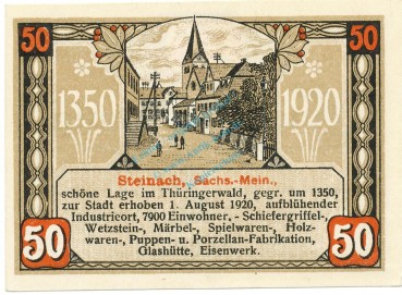 Preview: Steinach , Notgeld 50 Pfennig Schein unc-kfr. Ti.7110.05.20 TH 1920 Verkehrsausgabe -4304-