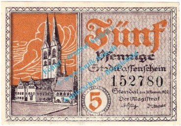 Stendal , Notgeld 5 Pfennig Schein in kfr. Tieste 7130.25.20 , Sachsen Anhalt 1920 Verkehrsausgabe