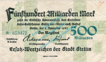 Stettin , Notgeld 500 Milliarden Mark Schein in gbr. Keller 4880.n , Pommern 1923 Inflation