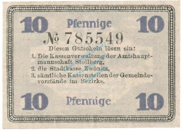 Preview: Stollberg , Notgeld 10 Pfennig Schein unc-kfr. Ti.7155.05.15 S 1920 Verkehrsausgabe -4264-